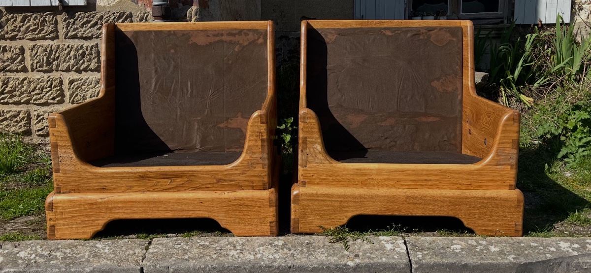 Pair Of Lounge Armchairs In Solid Oak
