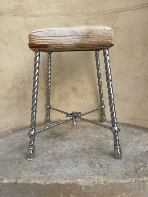 Stool In Chromed Metal With Four Twisted Legs. In The Taste Of Maison Baguès