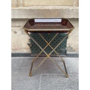 Tortoiseshell Style Tea Table On X Base In Chromed Metal.