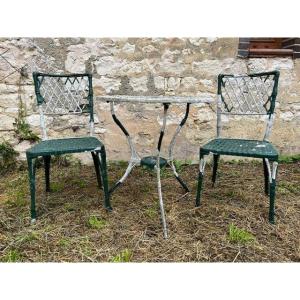 Ensemble De Jardin / Terrasse En Faux Bambou, Fonte d'Aluminium Peinte En Blanc Et Vert Vintage