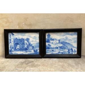 Delft Very Rare Pair Of Earthenware Wall Plates Decorated In Blue Monochrome