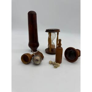 Petit lot en bois, métal et verre 