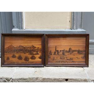 Paire de panneaux en marqueterie de paille 