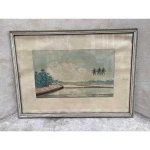 Watercolor On Paper Representing A View Of A Rice Field. Signed By H.rahardja