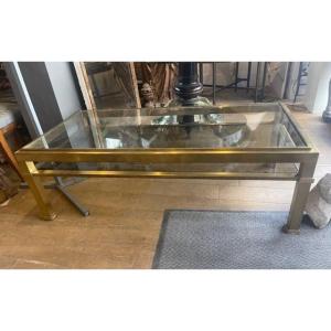 Coffee Table In Golden Metal With Two Glasses, Tray And Shelf France 20th Century