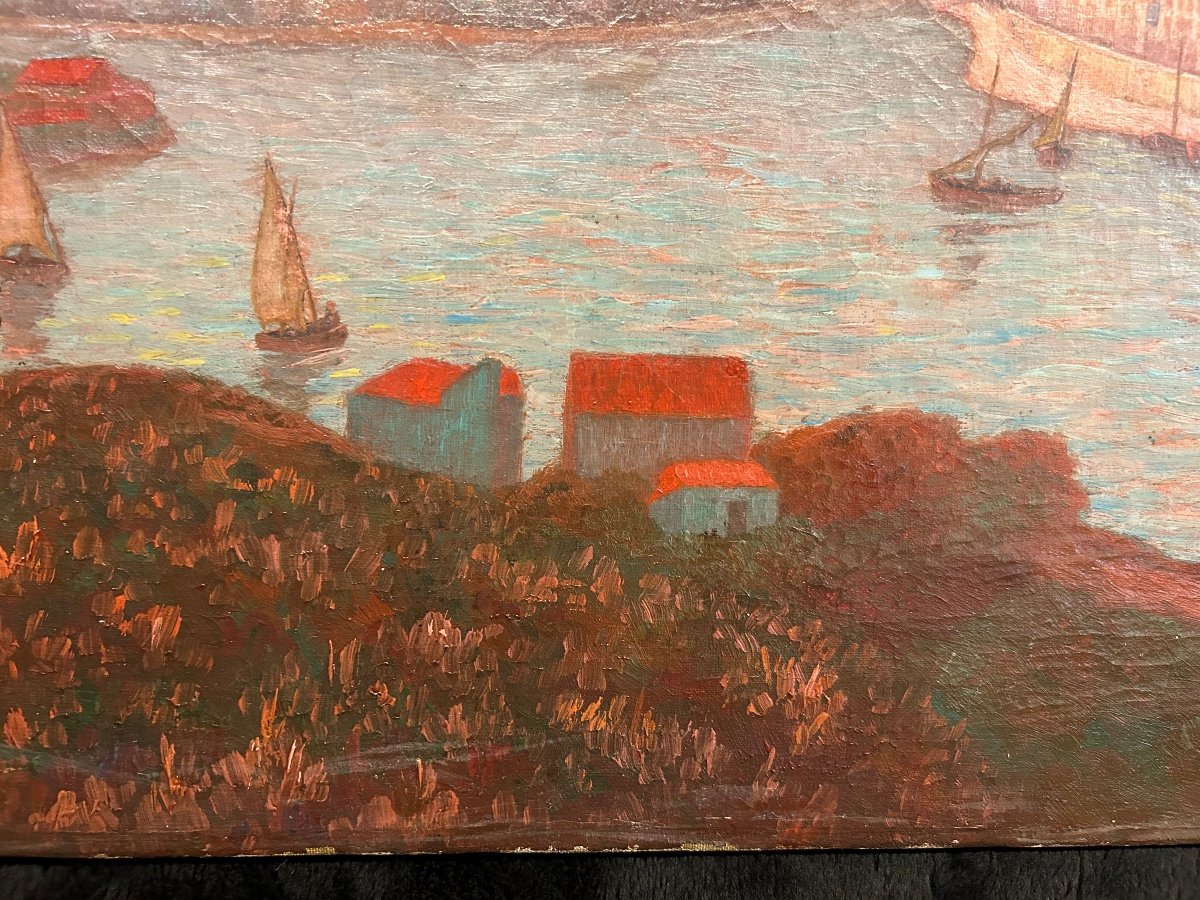 Ed . Poulain - Vue D’un Port Daté 1920 - Huile Sur Toile -photo-3