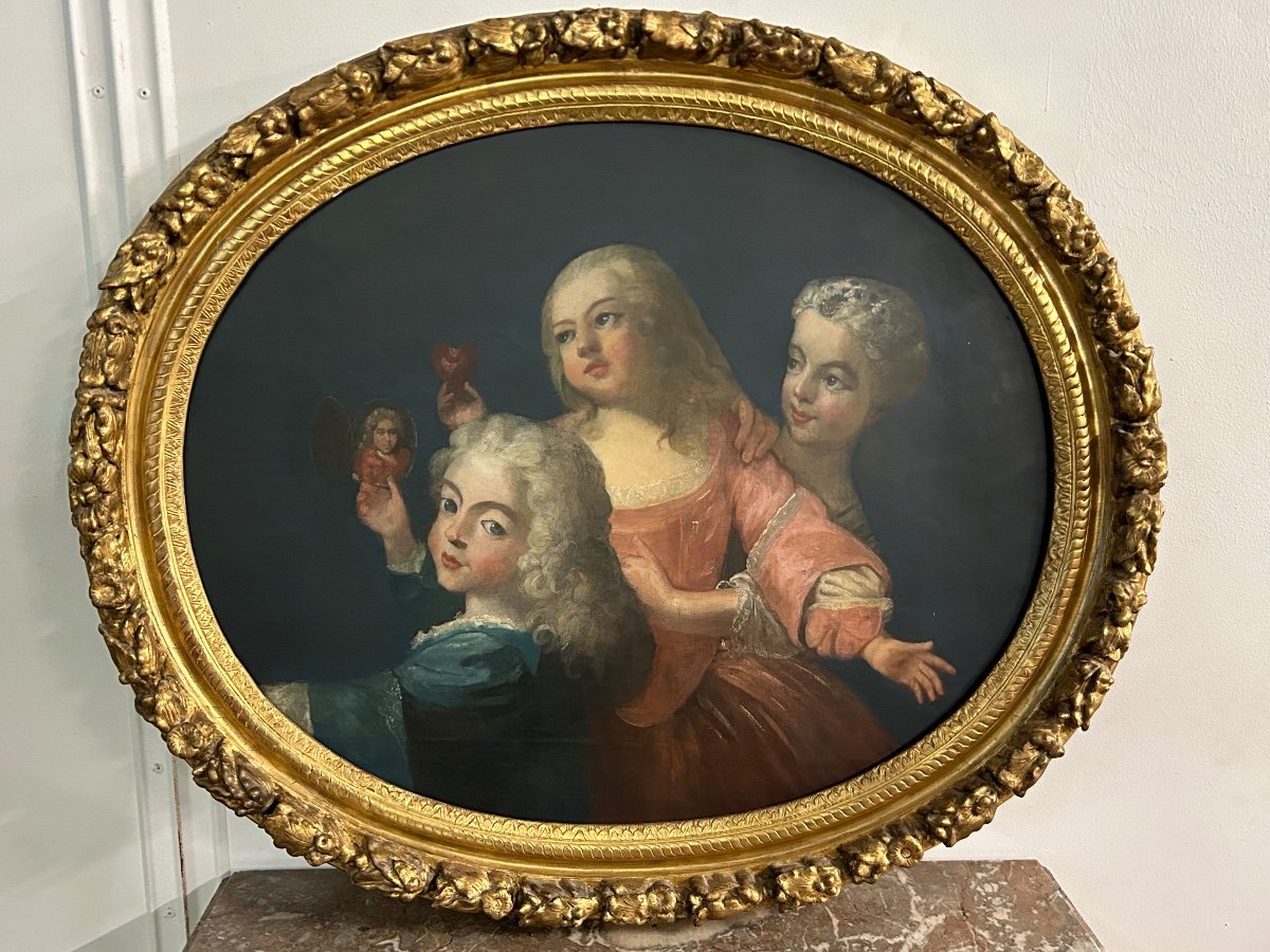 Huile Sur Toile- grand Portrait  D’enfants époque Louis XIV fin XVII début XVIIIéme siècle -photo-4