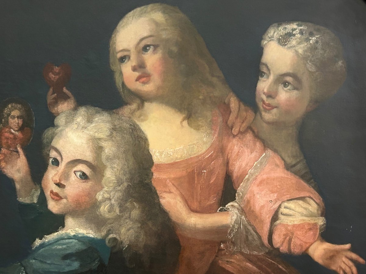 Huile Sur Toile- grand Portrait  D’enfants époque Louis XIV fin XVII début XVIIIéme siècle -photo-6