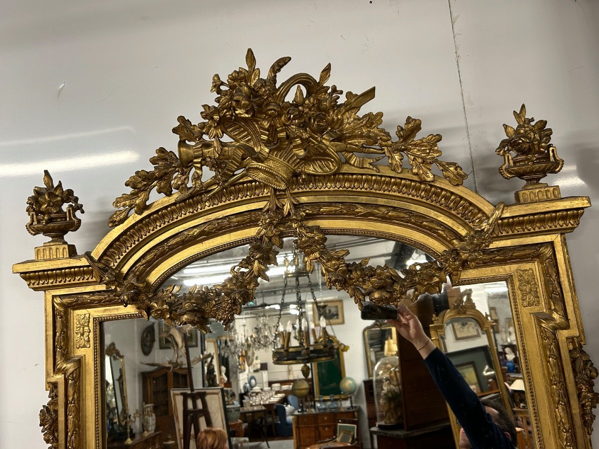 Large Golden Mirror - Mirror Louis XVI Style Napoleon III Period - H: 185 Cm-photo-4