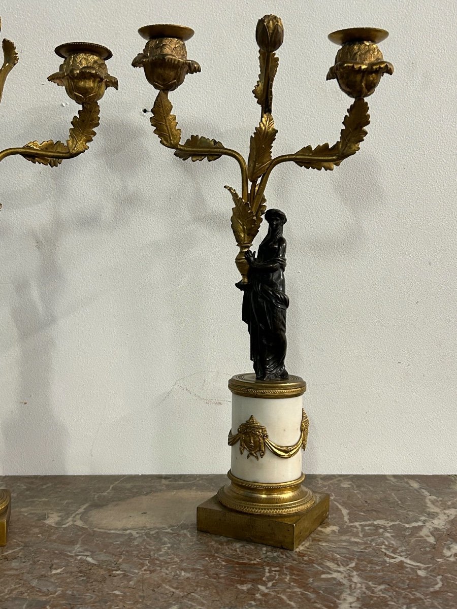 Pair Of Patinated Gilt Bronze And Marble Candelabras From The Empire Period-photo-1