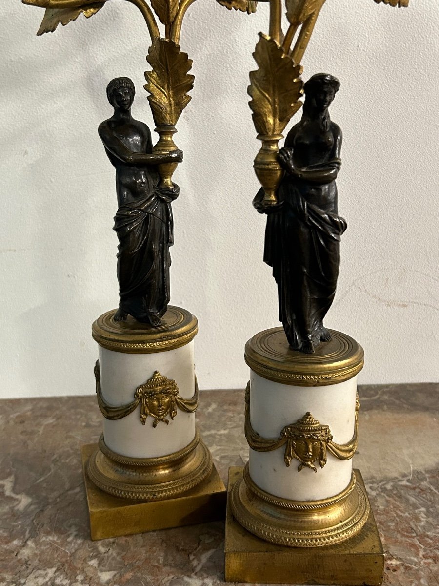 Pair Of Patinated Gilt Bronze And Marble Candelabras From The Empire Period-photo-4