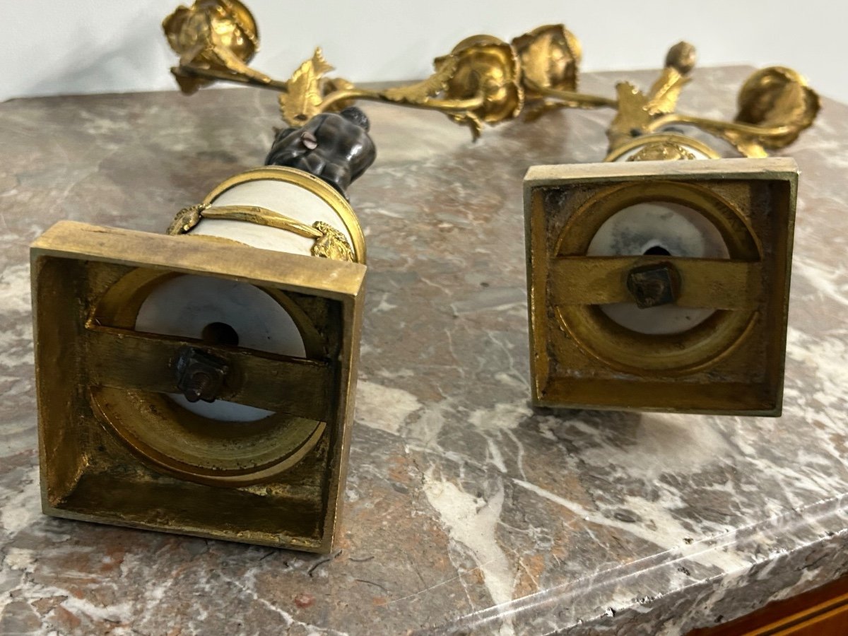 Pair Of Patinated Gilt Bronze And Marble Candelabras From The Empire Period-photo-6