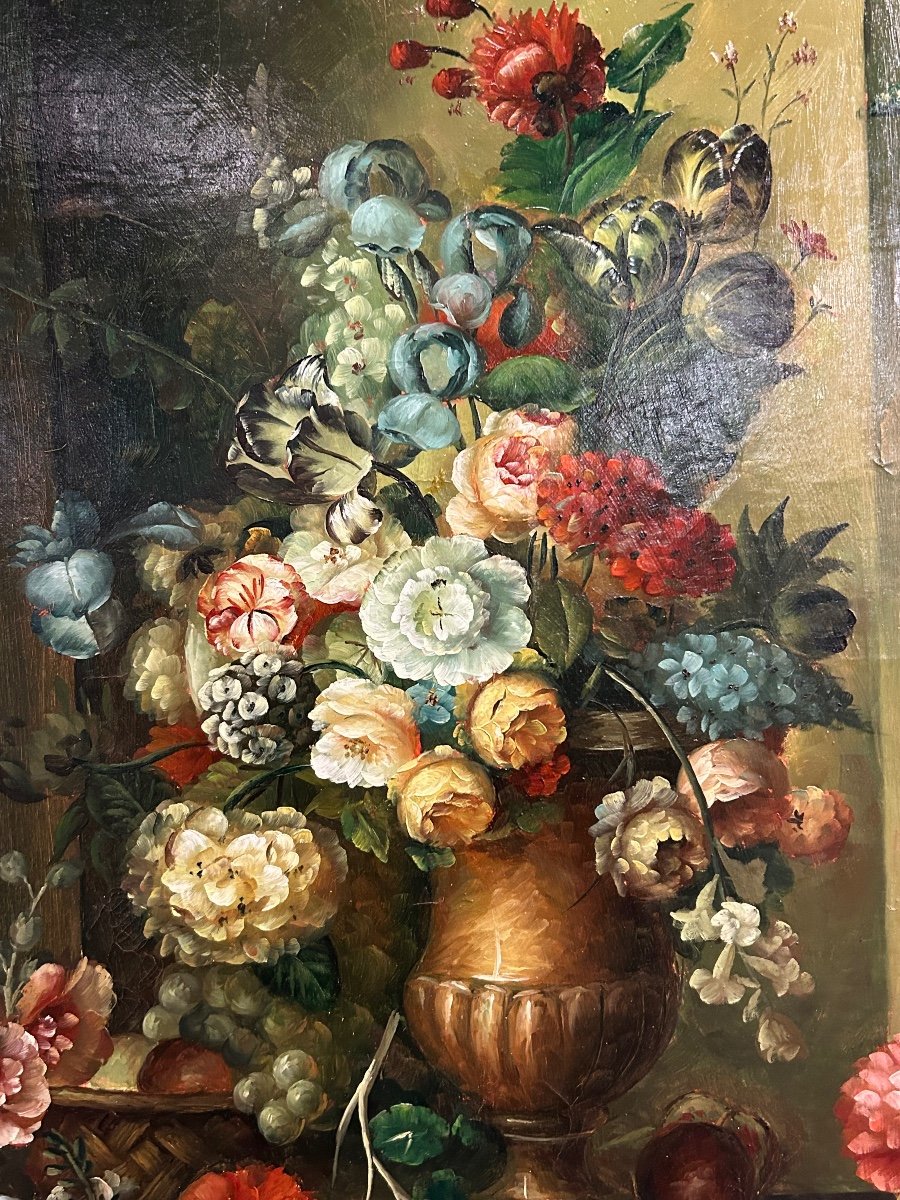 F Angelo - Important Still Life With Flowers And Fruits XIXth Century H 131 Cm-photo-5