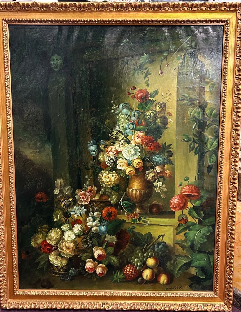 F Angelo - Important Still Life With Flowers And Fruits XIXth Century H 131 Cm-photo-6