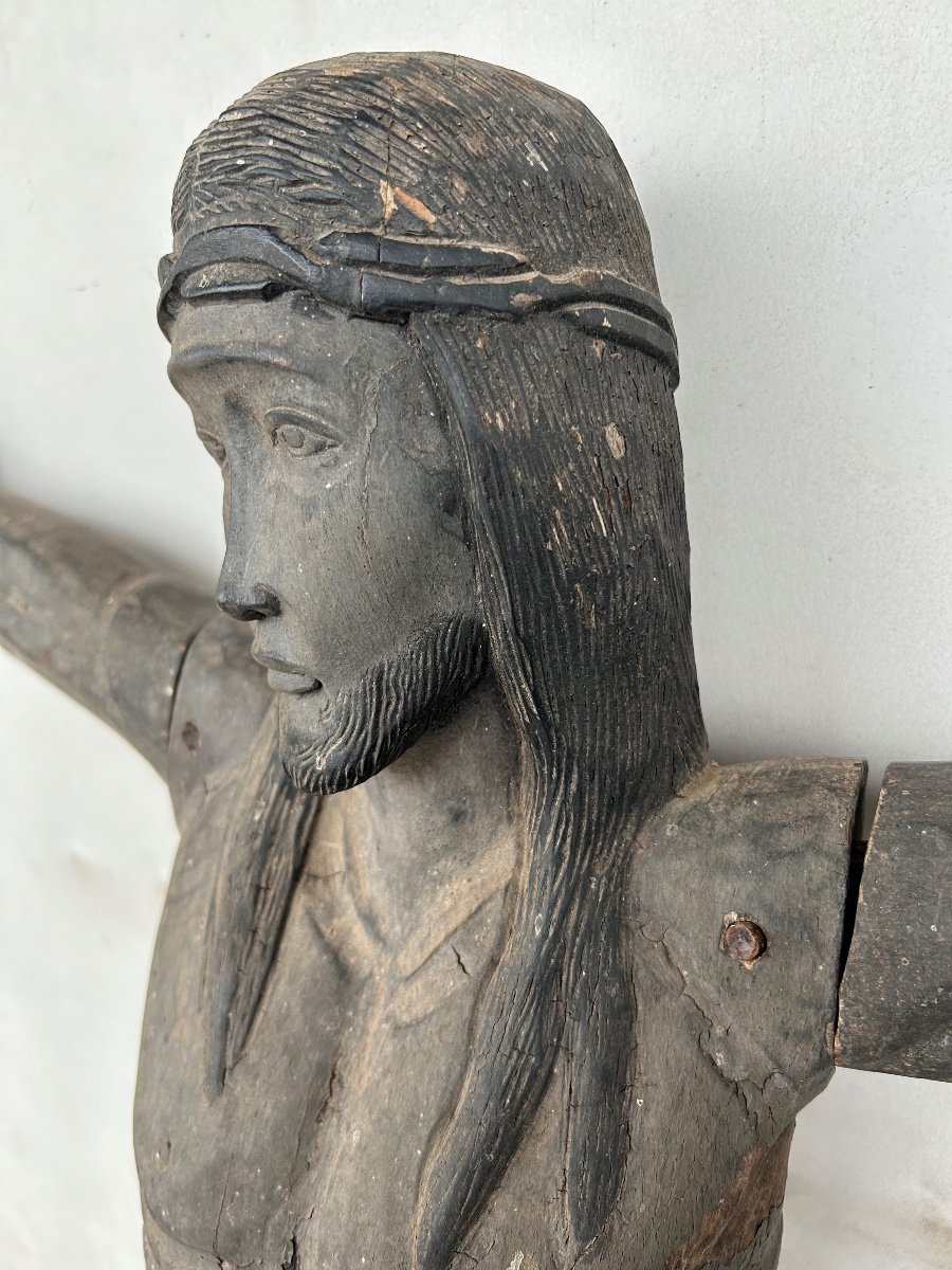 Grand Christ En Bois Sculpté - Amérique Du Sud Vers 1940-50  H 134 Cm-photo-2