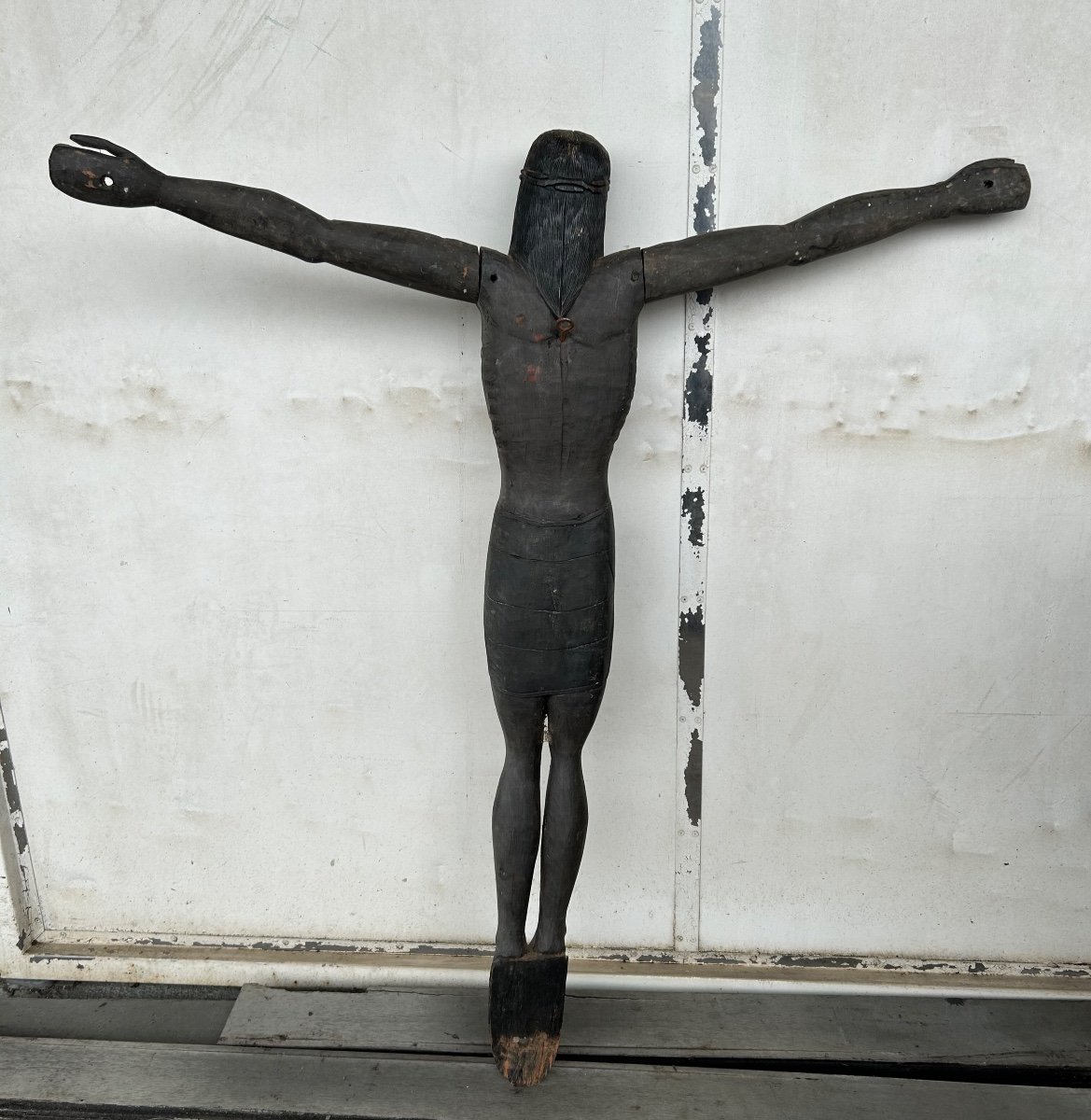 Grand Christ En Bois Sculpté - Amérique Du Sud Vers 1940-50  H 134 Cm-photo-5