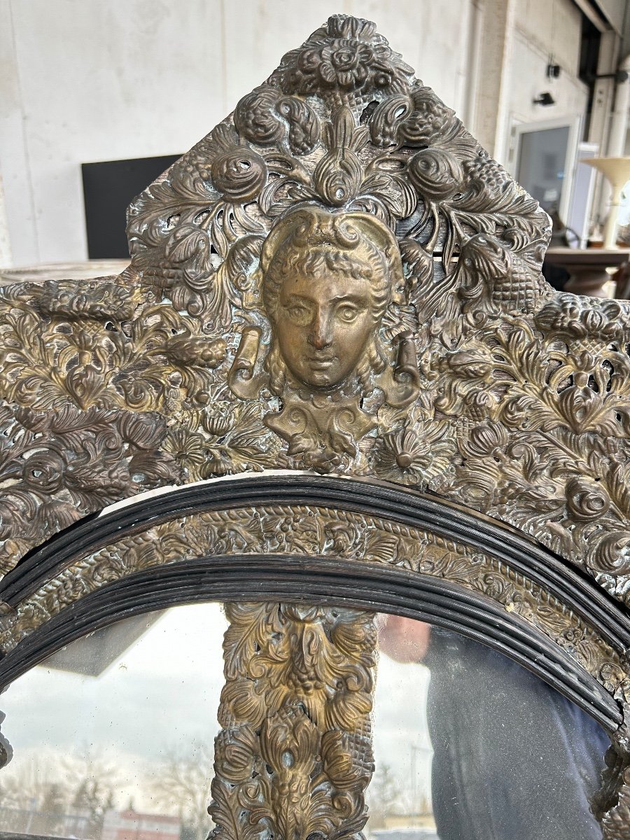 Miroir En Laiton Et Bois Noirci De Style Louis XIII Vers 1880 H : 149 Cm-photo-3