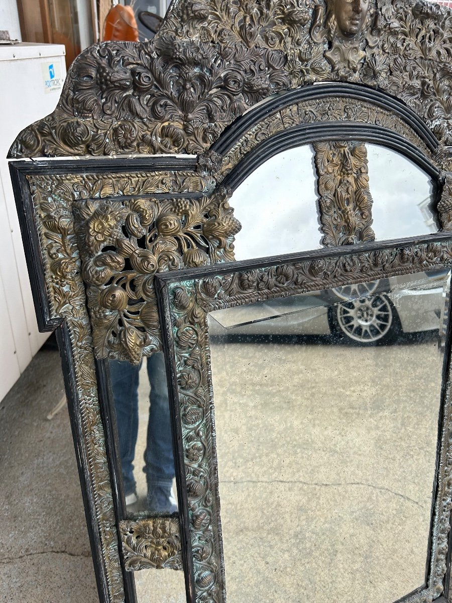 Miroir En Laiton Et Bois Noirci De Style Louis XIII Vers 1880 H : 149 Cm-photo-4