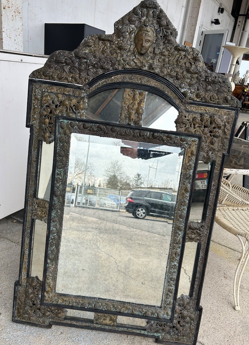 Miroir En Laiton Et Bois Noirci De Style Louis XIII Vers 1880 H : 149 Cm-photo-2