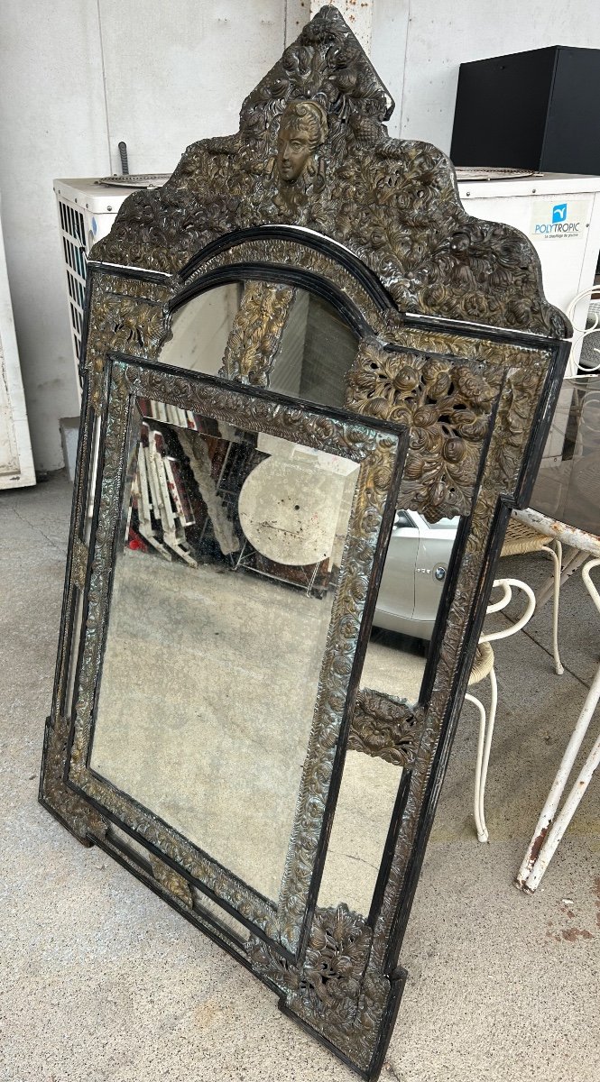 Miroir En Laiton Et Bois Noirci De Style Louis XIII Vers 1880 H : 149 Cm-photo-8