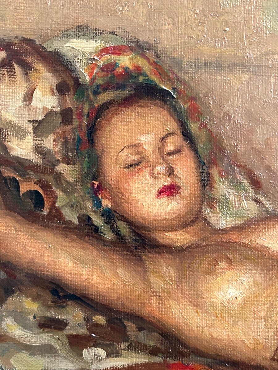Fernand Majorel (1898-1965) Young Sleeping Naked Woman - Oil On Canvas Orientalist-photo-3