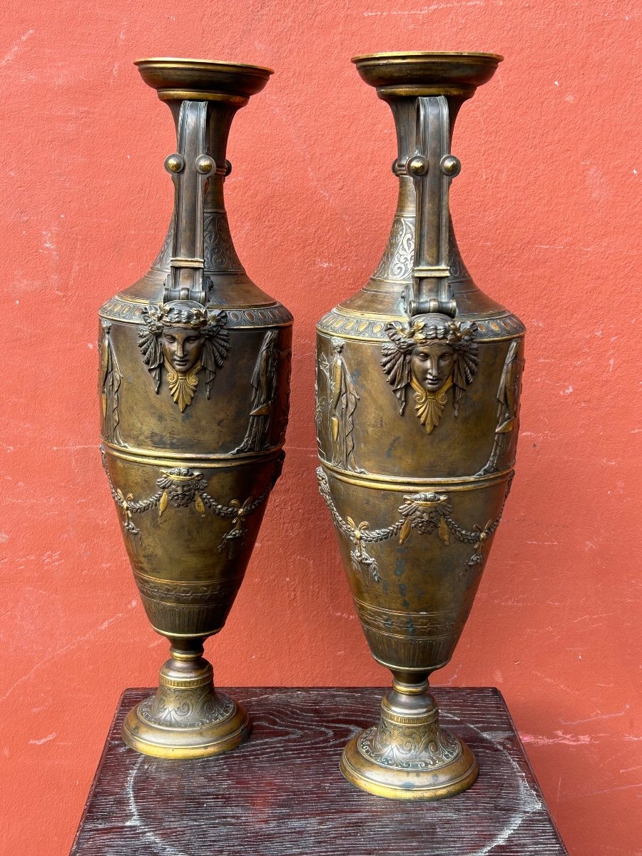 Paire De Vases Amphore Néo - Grec En Bronze à Deux Patines - France Fin XIXéme -photo-1