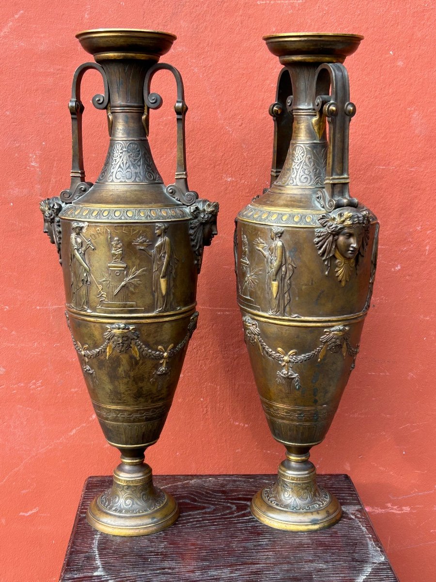 Paire De Vases Amphore Néo - Grec En Bronze à Deux Patines - France Fin XIXéme -photo-5