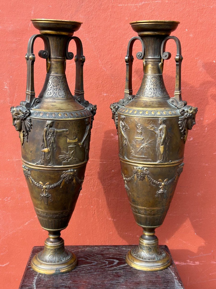 Paire De Vases Amphore Néo - Grec En Bronze à Deux Patines - France Fin XIXéme -photo-7