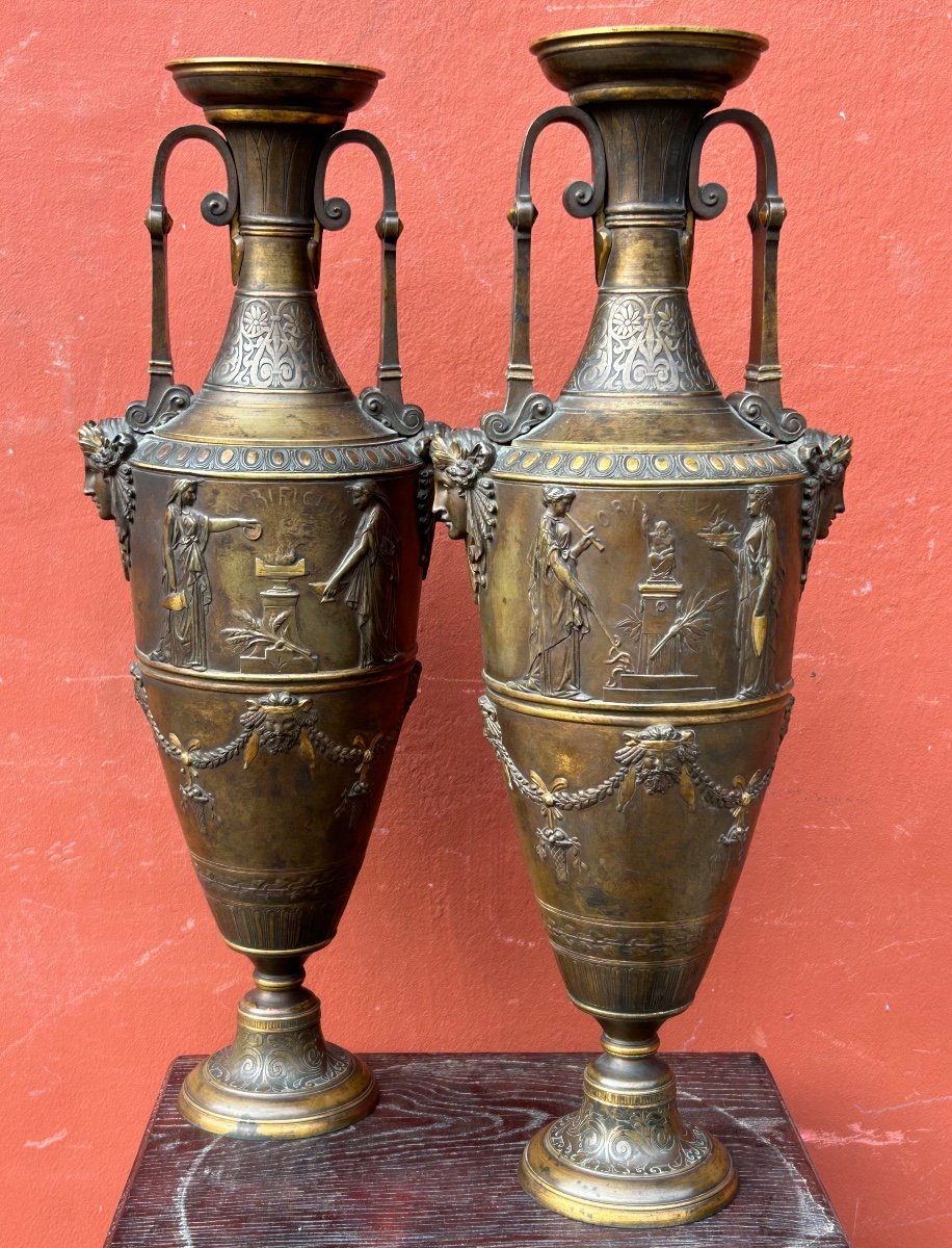 Paire De Vases Amphore Néo - Grec En Bronze à Deux Patines - France Fin XIXéme 