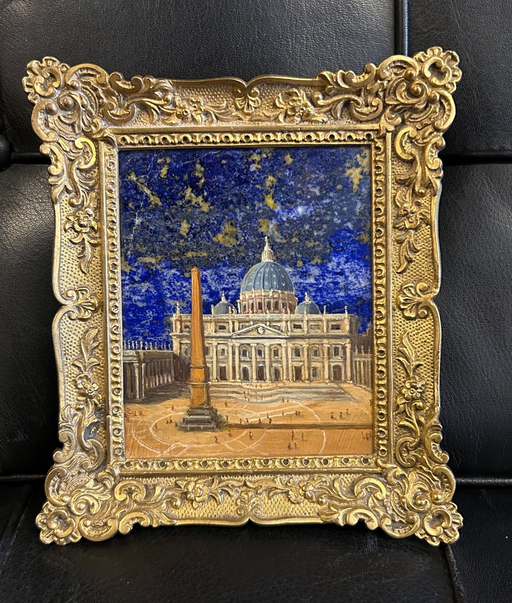 Peinture Sur Plaque De Lapis-lazuli - Basilique Italie XIXéme Siècle - Cadre Bronze Doré N°3/4 