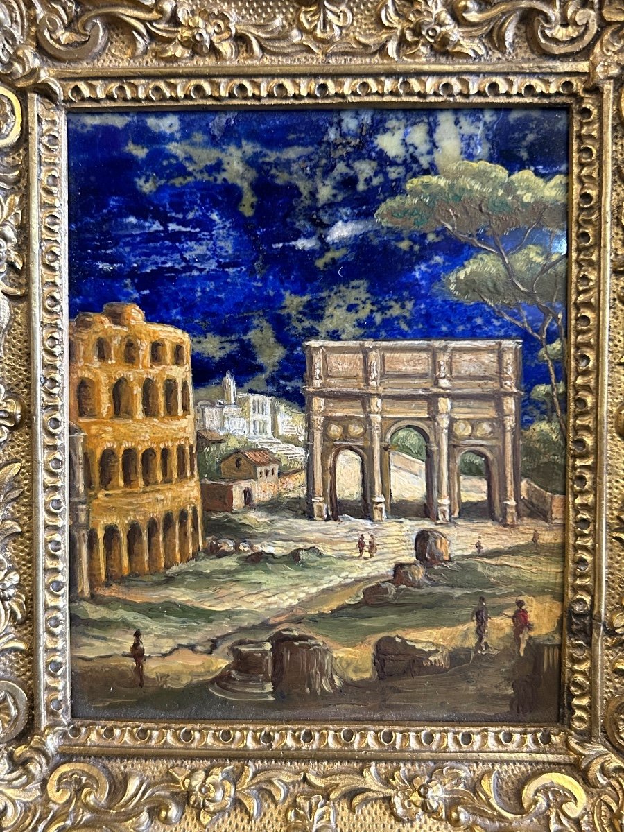 Painting On Lapis Lazuli Plate - Rome Italy XIXth Century - Gilt Bronze Frame N°4/4-photo-2