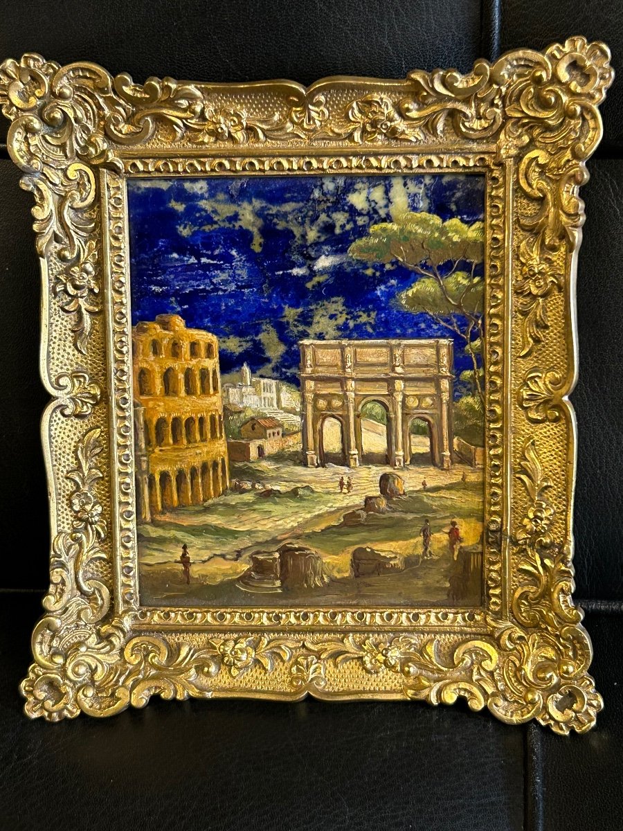 Painting On Lapis Lazuli Plate - Rome Italy XIXth Century - Gilt Bronze Frame N°4/4-photo-1