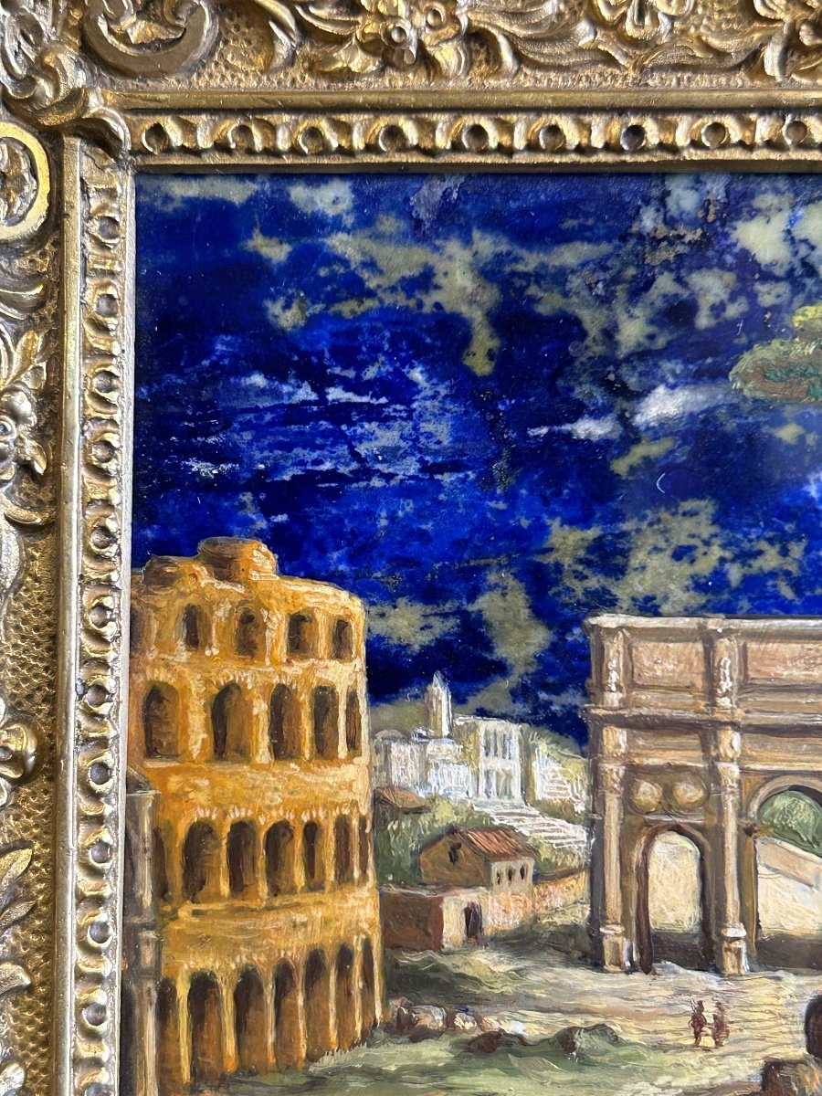 Painting On Lapis Lazuli Plate - Rome Italy XIXth Century - Gilt Bronze Frame N°4/4-photo-3