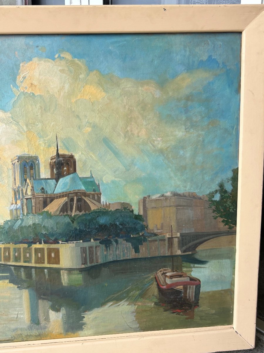 Notre Dame De Paris Cathedral - Large Oil On Canvas Circa 1940 - H 112 X W 142 Cm-photo-1