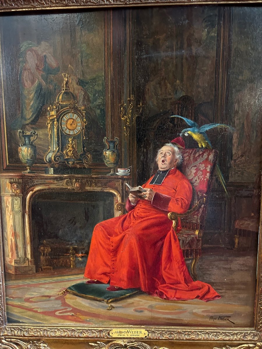 Alfred Charles Weber ( 1862-1922) Huile Sur Panneau D’acajou « jaco S’amuse « H 71 cm-photo-6