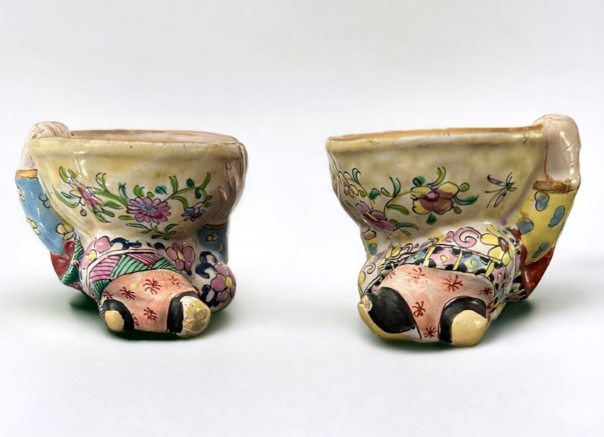 Rare Pair Of Chinese Salerons In Delft Polychrome Earthenware XIXth Century-photo-2