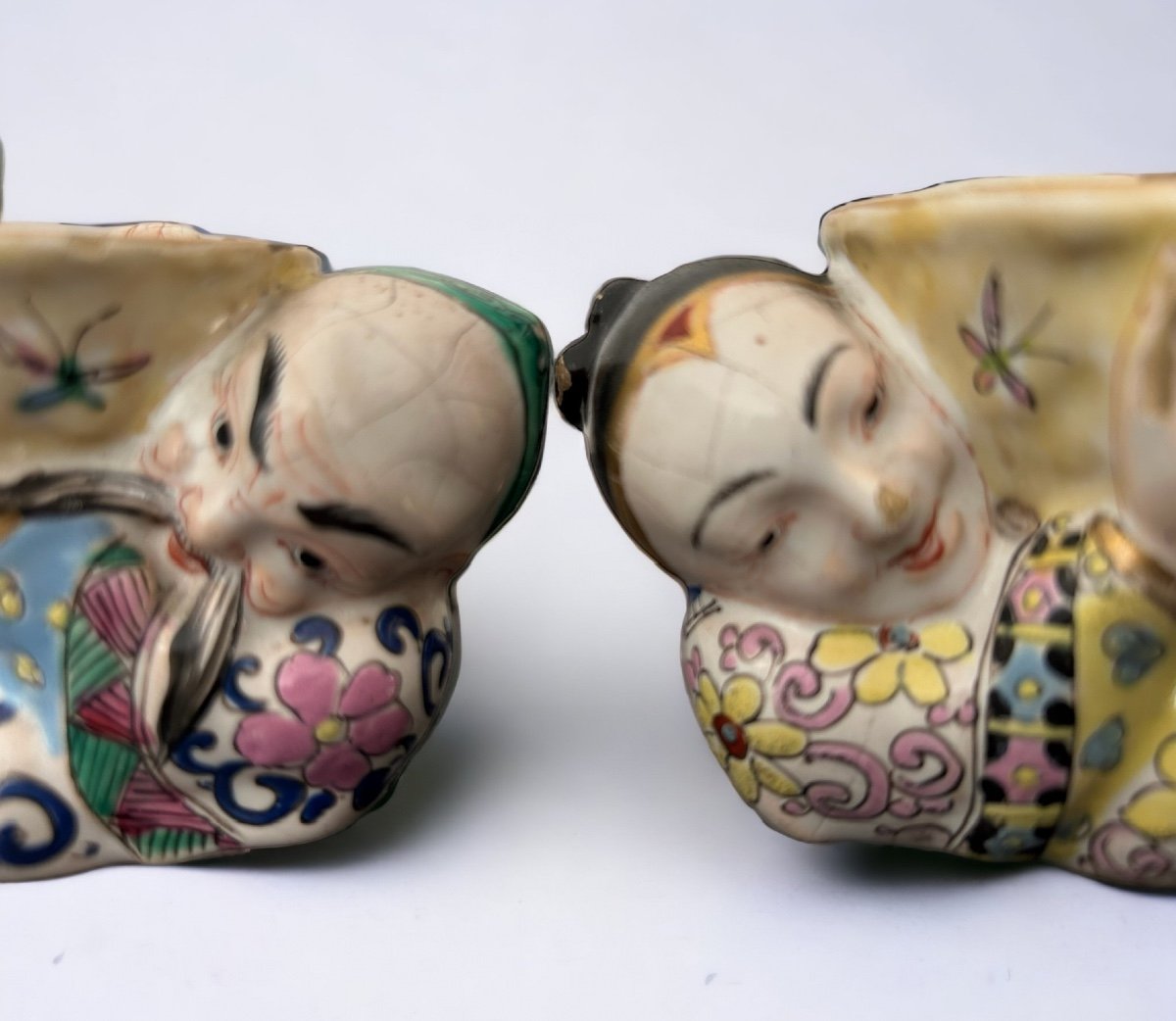 Rare Pair Of Chinese Salerons In Delft Polychrome Earthenware XIXth Century-photo-7