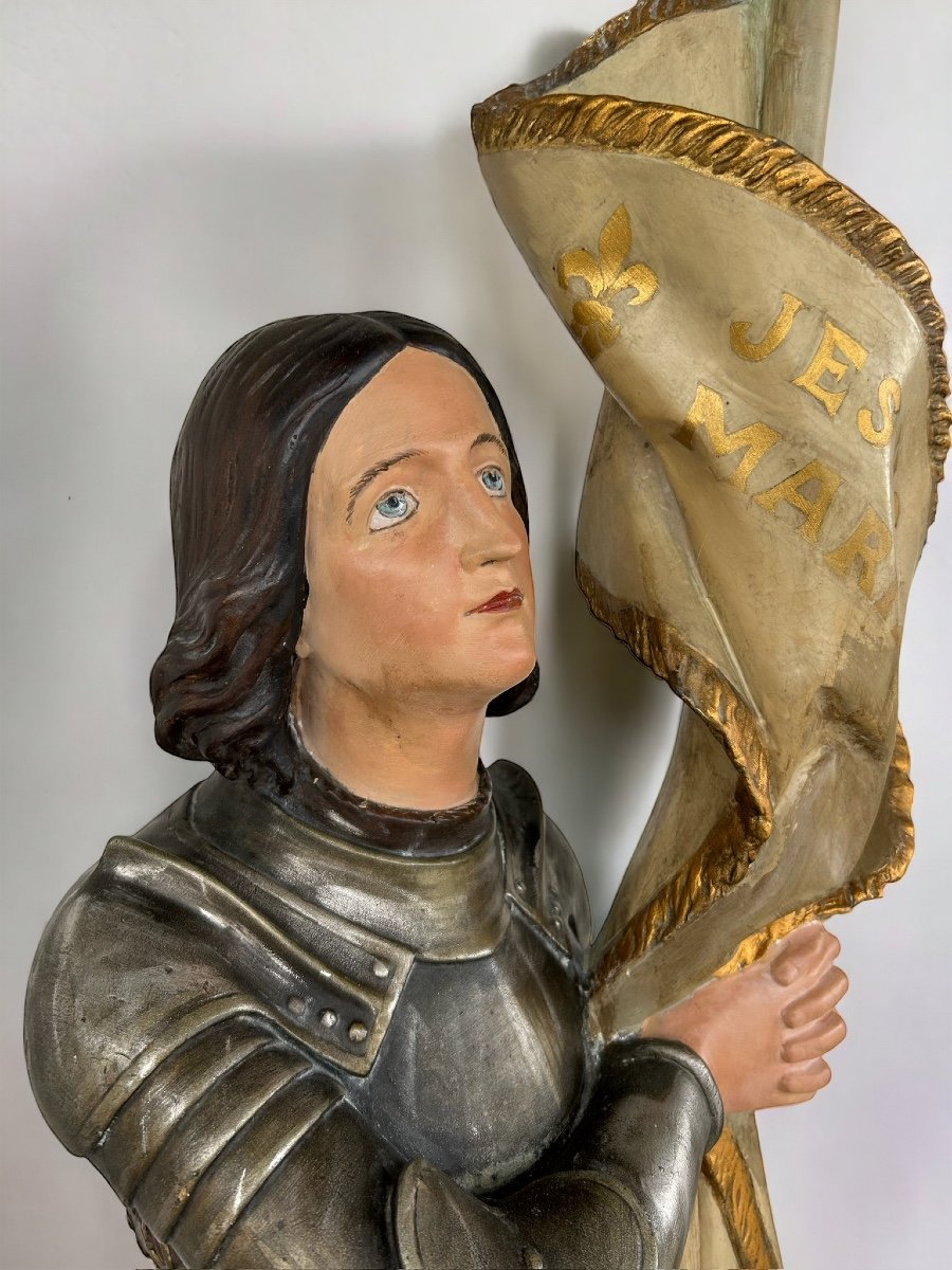 Jeanne D’arc Grande Statue En Plâtre Polychrome Vers 1900 -  H 154 Cm -photo-5