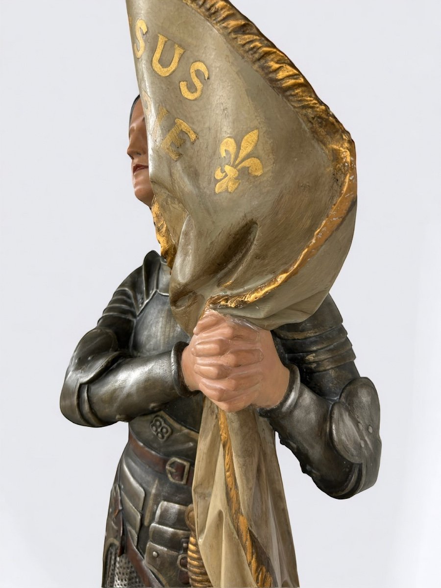 Jeanne D’arc Grande Statue En Plâtre Polychrome Vers 1900 -  H 154 Cm -photo-8