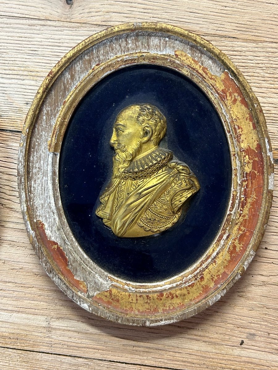 Pair Of Portraits In Medallions - Gilt Bronze Profiles Henry IV And Sully 18th Century-photo-3