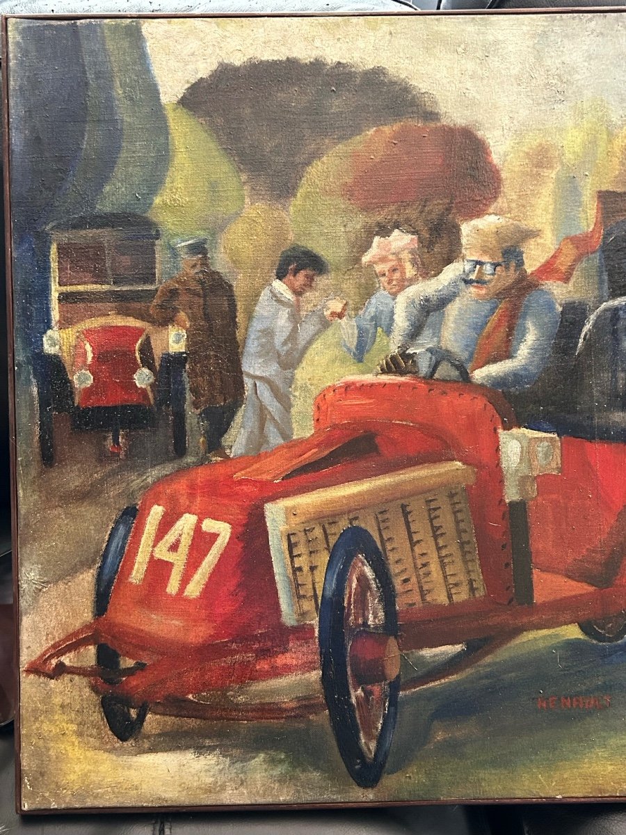 Les Vielles Voitures - Huile Sur Toile Tableau De J Mint - Renault 1902-photo-2