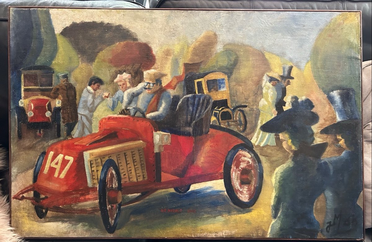 Les Vielles Voitures - Huile Sur Toile Tableau De J Mint - Renault 1902