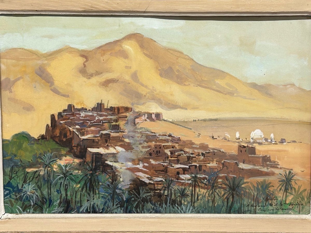 Henri Jean Pontoy (1888-1968) Kasbah At The Foot Of The Mountain - Oil Painting On Paper-photo-3