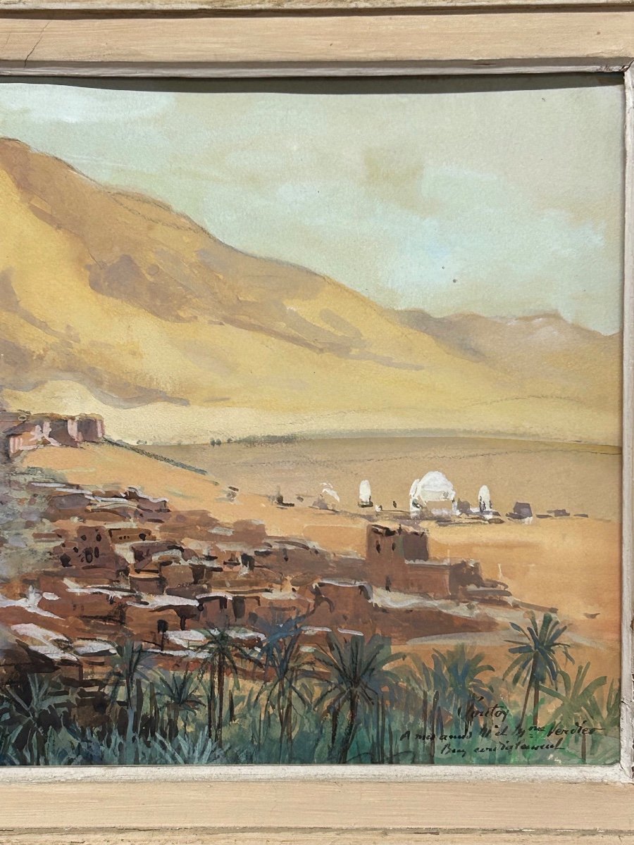 Henri Jean Pontoy (1888-1968) Kasbah At The Foot Of The Mountain - Oil Painting On Paper-photo-1