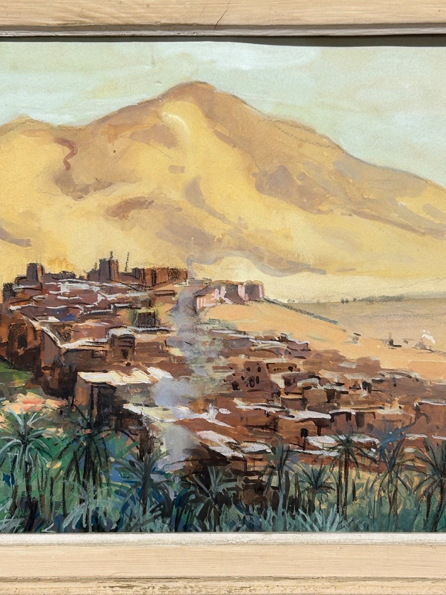 Henri Jean Pontoy (1888-1968) Kasbah At The Foot Of The Mountain - Oil Painting On Paper-photo-2