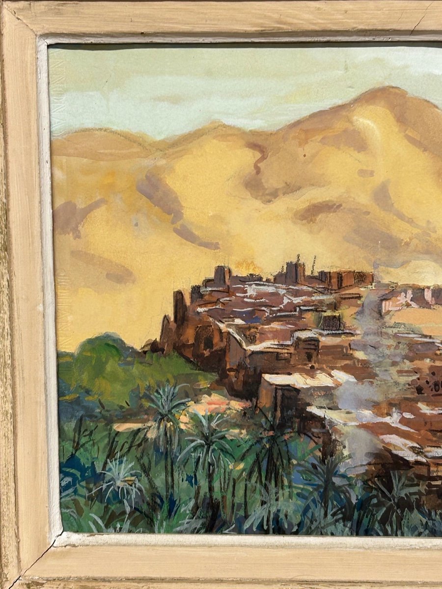 Henri Jean Pontoy (1888-1968) Kasbah At The Foot Of The Mountain - Oil Painting On Paper-photo-3