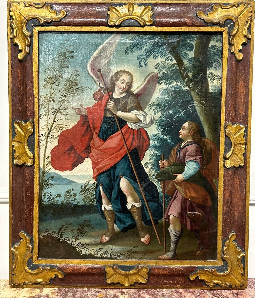 Tobias And The Archangel Raphael Oil On Canvas French School Early 18th Century - Religious Painting