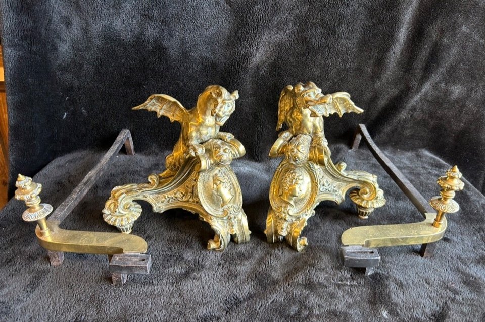 Paire De Chenets En Bronze à Décor De Dragons Aux Ailes Déployées Style Régence époque XIXéme -photo-1