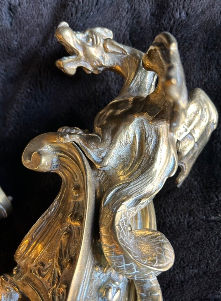 Paire De Chenets En Bronze à Décor De Dragons Aux Ailes Déployées Style Régence époque XIXéme -photo-6