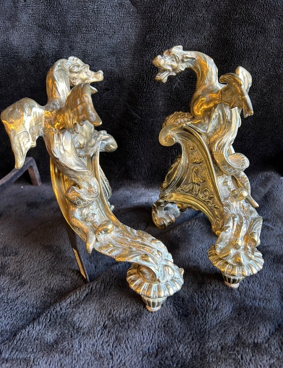Paire De Chenets En Bronze à Décor De Dragons Aux Ailes Déployées Style Régence époque XIXéme -photo-7